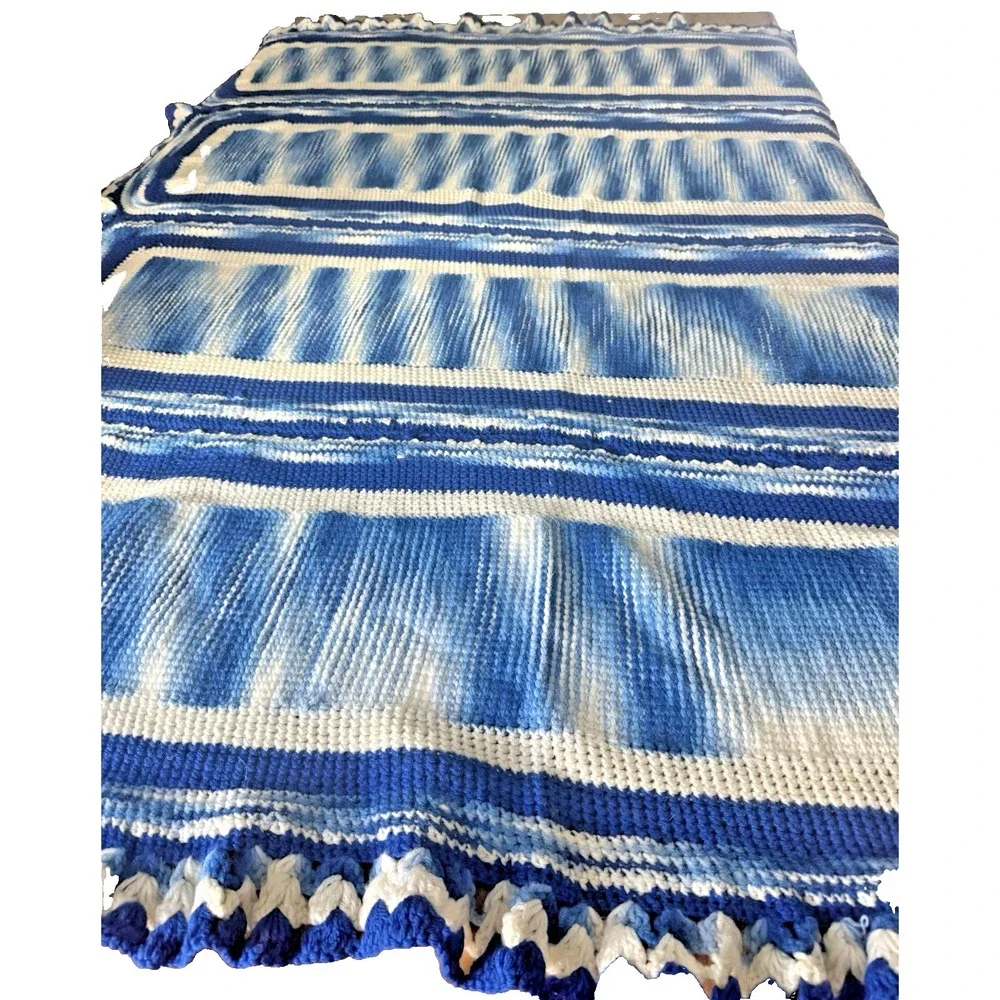 Handmade Crochet Afghan Throw Blue White Artisan Ruffle Shell Border 60 X 72